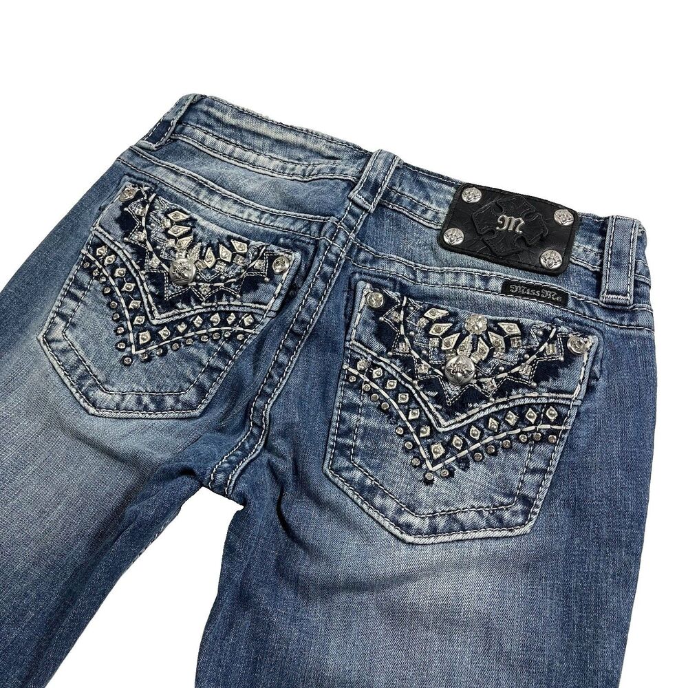 Miss Me Signature Boot Jeans 28x34 Blue Denim Studded Rhinestone Pockets